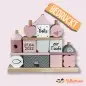 Preview: Taufgeschenk Steckspiel Haus rosa Label-Label Personalisierbar mit Taufdatum und Namen bedruckt