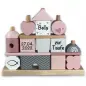 Preview: Taufgeschenk Steckspiel Haus rosa Label-Label Personalisierbar mit Taufdatum und Namen bedruckt Mädchen