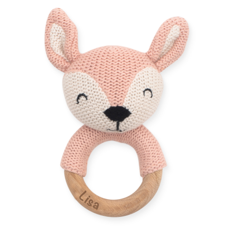 054-014-65322 Jollein River knit Strick Babyspielzeug Greifring Rehlein rosa Personalisiert mit Name und Gravur