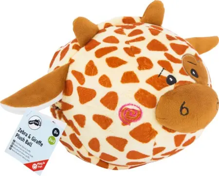 Ein weicher Plüschball mit einem Zebra-Muster auf einer Seite und einer Giraffen-Musterung auf der anderen Seite. Ein vielseitiges und kuscheliges Spielzeug für Babys.