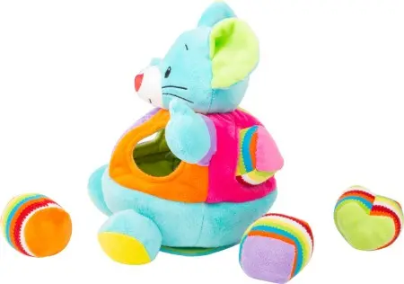 Ein Spielzeugmäuschen mit verschiedenen geometrischen Plüschformen und zusätzlichen sensorischen Funktionen wie Quietschen, Rasseln und Knistern.