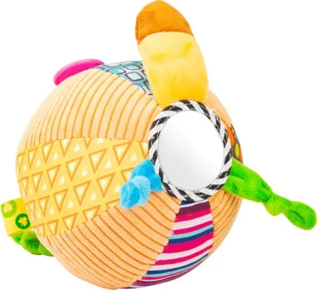 Ein lustiges Babyplüsch-Spielzeug in Form einer Katze. Mit praktischer Ringbefestigung und ratterndem Ball für Spaß unterwegs.