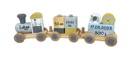 Tryco TR-303501 Holzzug Holz-Eisenbahn Personalisiert mit Geburtsdaten Namen bedruckt