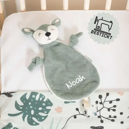 Ein niedliches Baby Schmusetuch Schnullertuch Reh in Grün von Jollein, das mit dem Namen personalisiert und bestickt werden kann.