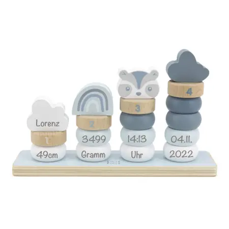 Label-Label - Stapelringe aus Holz Blau - Personalisiert mit Namen Geburtsdaten vom Baby