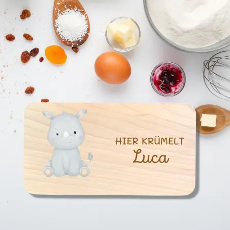 Personalisiertes Schneidebrett mit Tiermotiv und Druck mit Nashorn - Geschenkidee für Kinder