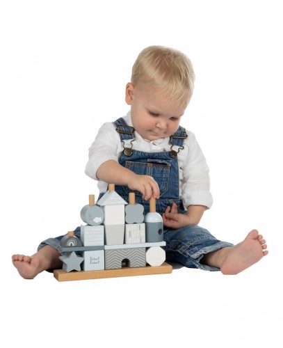 Kinder Holz Stapel- und Steckspiel Haus blau Label-Label Personalisierbar mit Geburtsdaten und Namen LLWT-25095