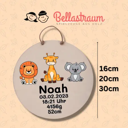 Personalisiertes Kinderzimmer Holzschild mit Tiger, Elefant & Affe aus Holz mit Name