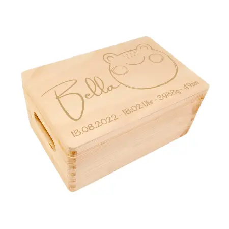 Personalisierte XXL Baby Erinnerungsbox Holzkiste mit Name / Geburtsdaten und Frosch Motiv