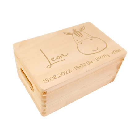 Personalisierte Baby Erinnerungsbox Holzkiste mit Name / Geburtsdaten und Zebra Motiv