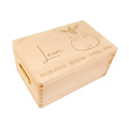 Personalisierte XXL Baby Erinnerungsbox Holzkiste mit Name / Geburtsdaten und Zebra Motiv