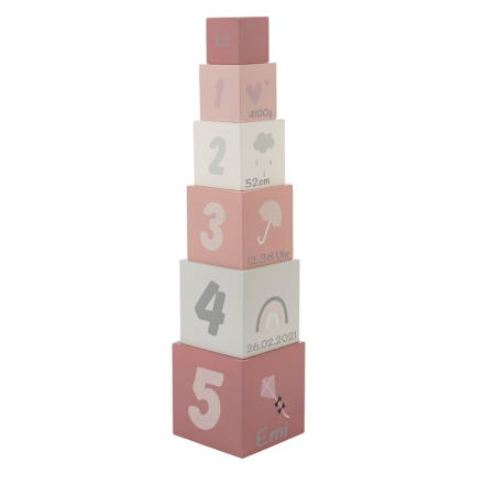 Holz Stapelwürfel mit Zahlen rosa Label-Label personalisiert mit Geburtsdaten und Namen