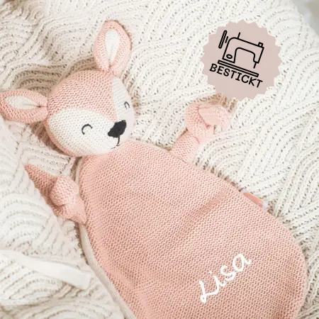 Ein niedliches Baby Schmusetuch Schnullertuch Reh in Rosa von Jollein, das mit dem Namen personalisiert und bestickt werden kann.