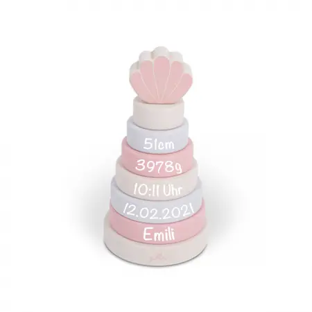 Jollein - Ring-Stapelturm - Spielzeug Stapelturm aus Holz Rosa - Personalisiert mit Namen Geburtsdaten - Babygeschenk zur Geburt Mädchen - 120-001-66025