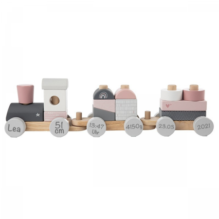 Label-Label LLWT-25163 Holzzug Holz-Eisenbahn rosa Personalisiert mit Geburtsdaten Namen - Geschenk zur Geburt Mädchen