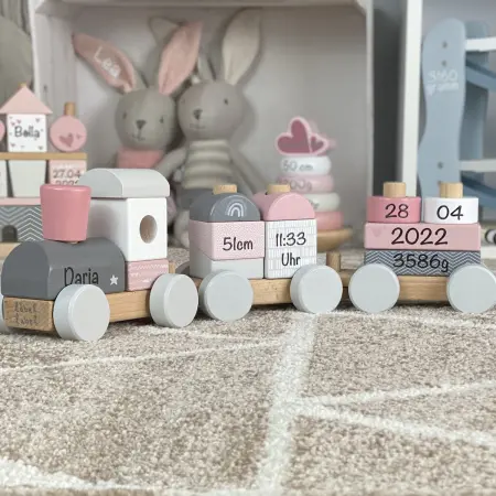 Holzzug Holzeisenbahn rosa Personalisiert mit Geburtsdaten Namen - Geschenk zur Geburt Mädchen bedruckt Geschenk zur Geburt
