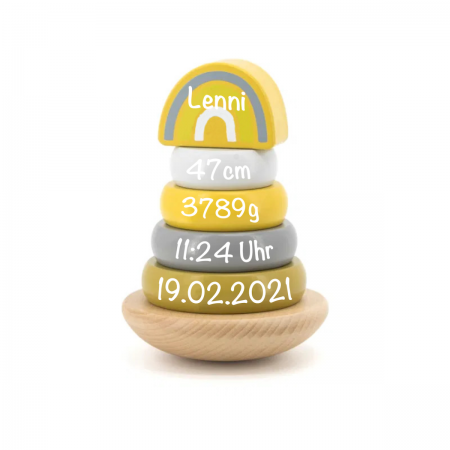 Label Label - Ring-Stapelturm - Stapelturm aus Holz Gelb - Personalisiert mit Namen Geburtsdaten - Geschenk zur Geburt - LLWT-25248