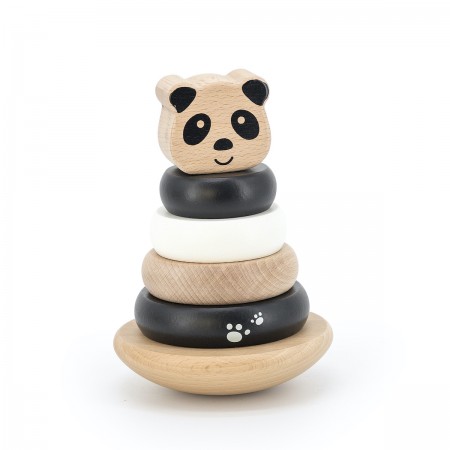 Label Label - Ring-Stapelturm - Stapelturm aus Holz Panda schwarz / weiß - Personalisiert mit Namen Geburtsdaten Babygeschenk LLWT-25446
