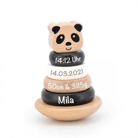 Label Label - Ring-Stapelturm - Stapelturm aus Holz Panda schwarz / weiß - Personalisiert mit Namen Geburtsdaten Babygeschenk LLWT-25446 5420067925446