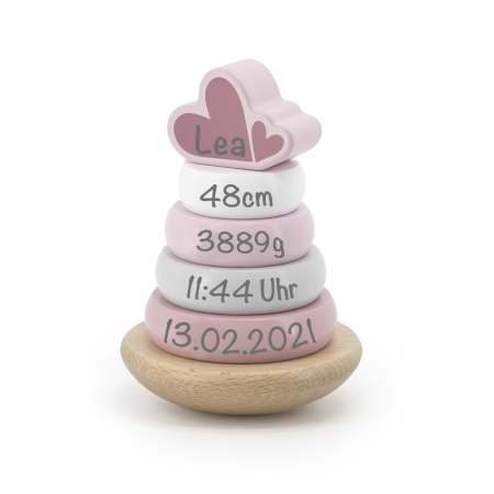 Label Label - Ring-Stapelturm - Stapelturm aus Holz Rosa - Personalisiert mit Namen Geburtsdaten - Babygeschenk zur Geburt Mädchen - LLWT-25224