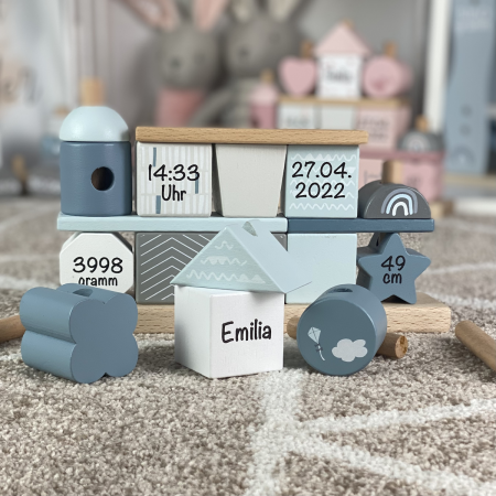 Stapel- und Steckspiel Haus blau Label-Label Personalisiert mit Geburtsdaten und Namen bedruckt