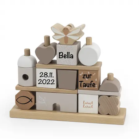 Taufgeschenk Steckspiel Haus nougat Label-Label Personalisierbar mit Taufdatum und Namen bedruckt