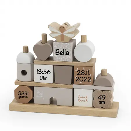 Babygeschenk Stapel- und Steckspiel Haus nougat Label-Label Personalisierbar mit Geburtsdaten und Namen bedruckt personalisierbar