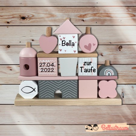 Geschenk zur Taufe Steckspiel Haus rosa Label-Label Personalisierbar mit Taufdatum und Namen bedruckt