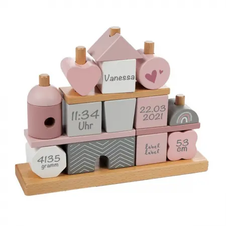 Babygeschenk Stapel- und Steckspiel Haus rosa Label-Label Personalisierbar mit Geburtsdaten und Namen LLWT-25088