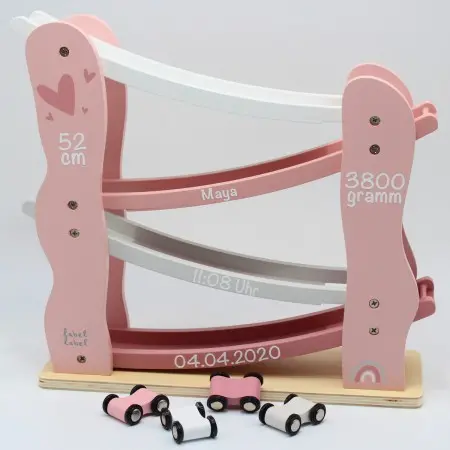 Label-Label LLWT-25125 Holz Rennbahn Kugelbahn rosa Baby Personalisiert Geburtsdaten und Namen