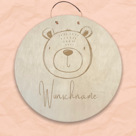 Personalisiertes Namensschild mit Tiermotiv "Bär" aus Holz mit Name