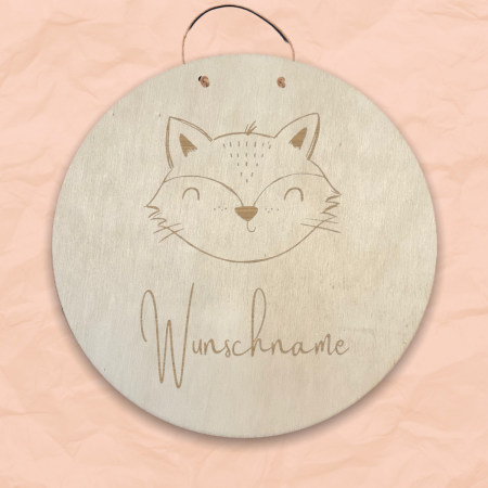 Personalisiertes Namensschild mit Tiermotiv "Fuchs" aus Holz mit Name