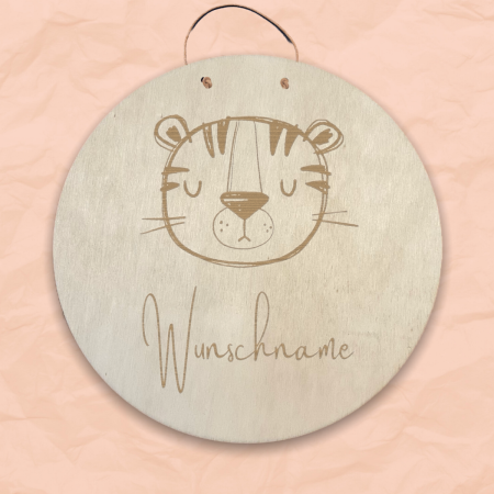 20 cm Personalisiertes Namensschild mit Tiermotiv "Tiger" aus Holz mit Name
