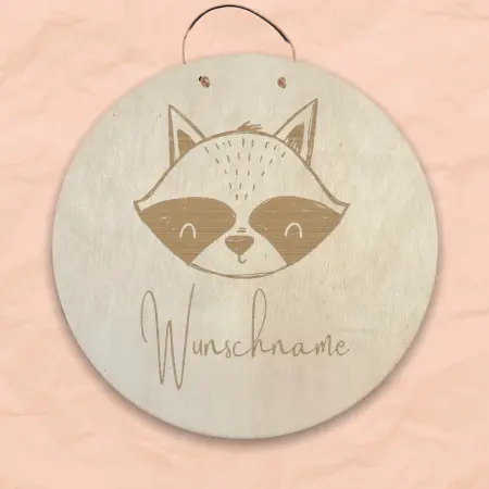 Personalisiertes Namensschild mit Tiermotiv "Waschbär" aus Holz mit Name
