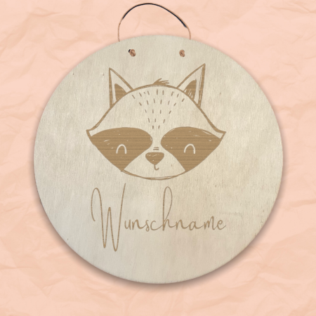 30 cm Personalisiertes Namensschild mit Tiermotiv "Waschbär" aus Holz mit Name