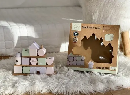 Babygeschenk Steckspiel Haus mit Bausteinen rosa Liebelini Personalisierbar mit Geburtsdaten und Namen bedruckt