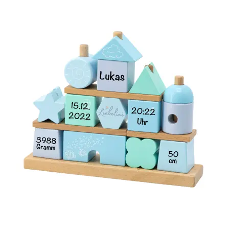 Babygeschenk Stapel- und Steckspiel Haus blau Liebelini Personalisierbar mit Geburtsdaten und Namen Liebe-2001 bedruckt