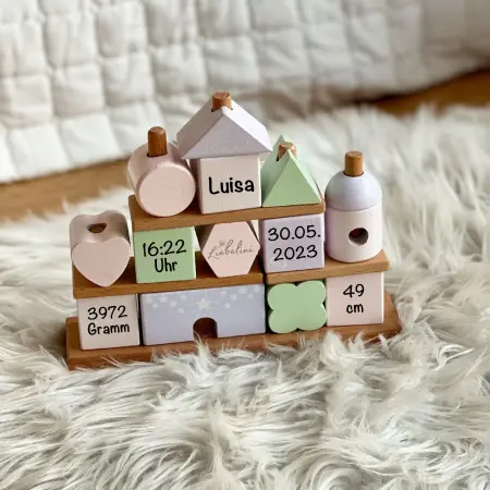 Babygeschenk Steckspiel Haus mit Bausteinen rosa Liebelini Personalisierbar mit Geburtsdaten und Namen bedruckt