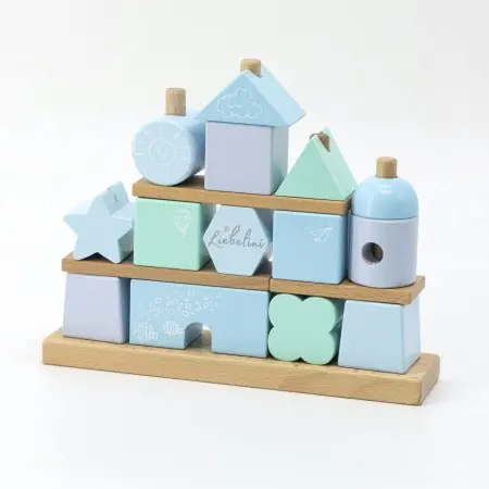 Babygeschenk Stapel- und Steckspiel Haus blau Liebelini Personalisierbar mit Geburtsdaten und Namen Liebe-2001 bedruckt