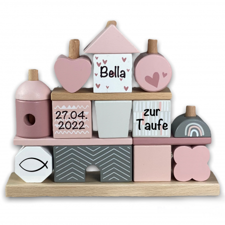 Taufgeschenk Steckspiel Haus rosa Label-Label Personalisierbar mit Taufdatum und Namen bedruckt Mädchen