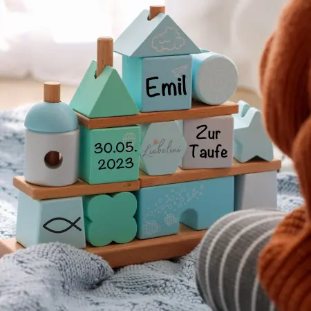 Steckspiel Blau personalisiertes Babygeschenk zur Taufe mit Name, Taufdatum und Tauffisch