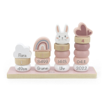 Label-Label - Stapelringe aus Holz rosa - Personalisiert mit Namen Geburtsdaten vom Baby