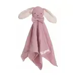 Ein personalisierbares Schmusetuch für Babys, bestehend aus einer kuschelweichen rosa Musselin-Decke mit einem niedlichen Diinglisar-Häschen. Es bietet Komfort und Geborgenheit und ist aus 100% Öko-Tex-Baumwolle gefertigt.