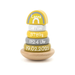 Label Label - Ring-Stapelturm - Stapelturm aus Holz Gelb - Personalisiert mit Namen Geburtsdaten - Geschenk zur Geburt - LLWT-25248