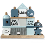 Baby Steckspiel Haus blau Label-Label Personalisierbar Geschenk zur Taufe personalisiert bedruckt