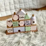 Mädchen Taufgeschenk Steckspiel aus Holz. Spielzeug mit Taufdaten,. Namen und Tauffisch. Geschenkidee für Kinder zur Taufe.