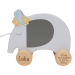 Tryco Holz Nachziehtier Elefant blau Nachziehspielzeug personalisiert mit Geburtsdaten und Lasergravur
