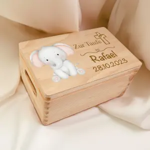 Personalisierte Erinnerungsbox zur Taufe | Taufgeschenk für Kinder | Elefant bedruckt | 30 x 20 x14 cm