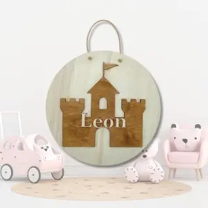 30 cm Personalisiertes Türschild aus Holz mit Name, Schloss gefärbt und Lederband | Geschenkidee für Kinder