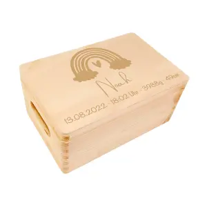 XXL 40x30x22 cm Personalisierte Baby Erinnerungsbox Holzkiste mit Name / Geburtsdaten und Regenbogen Motiv